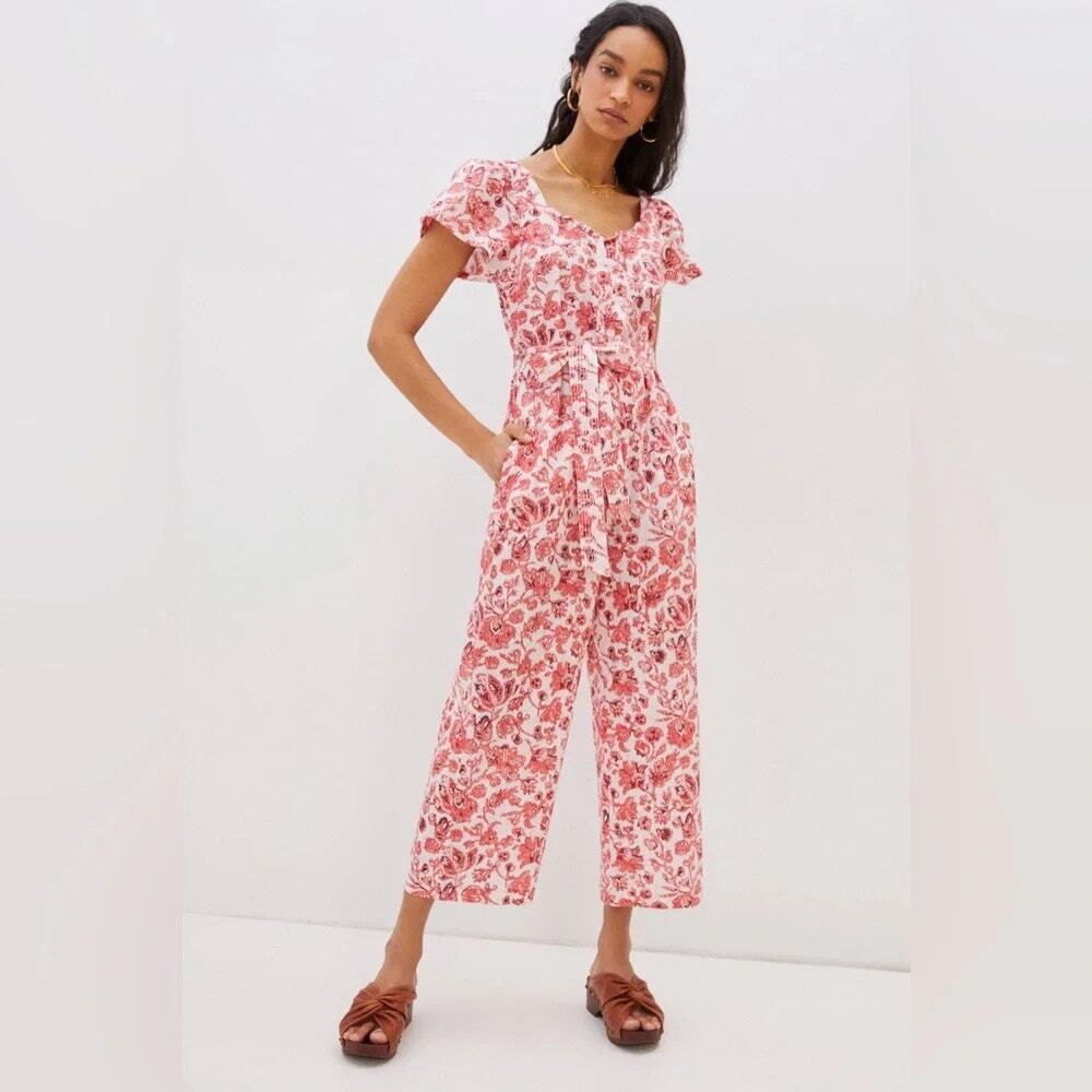 ANTHROPOLOGIE Find Me Now Effie Jumpsuit Red Floral Boho Summer Cotton
